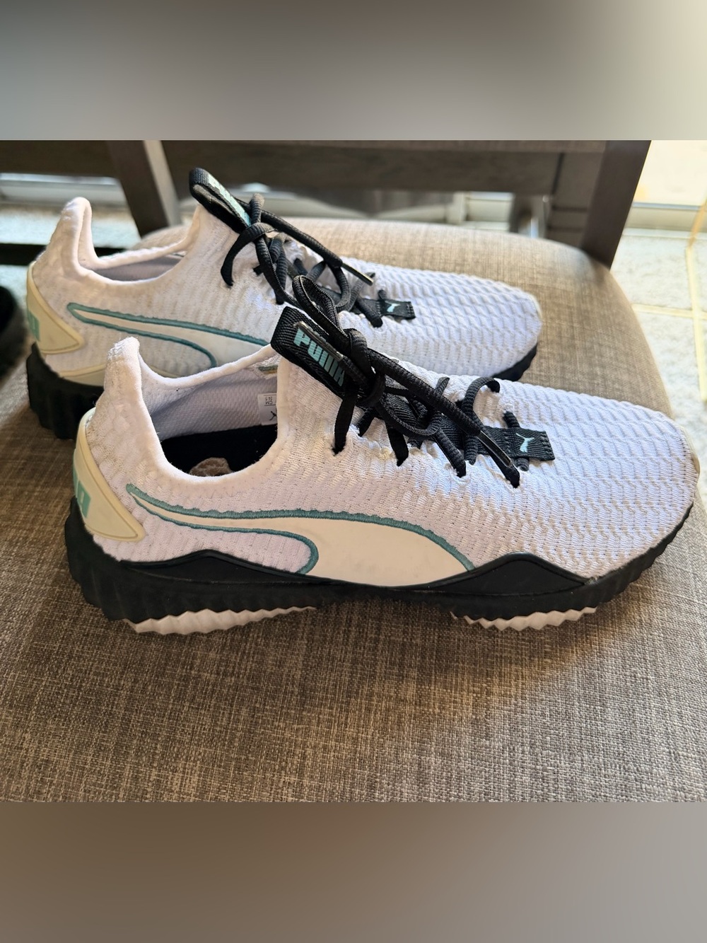 Puma White Knit Sneakers with Teal and Black Accents
